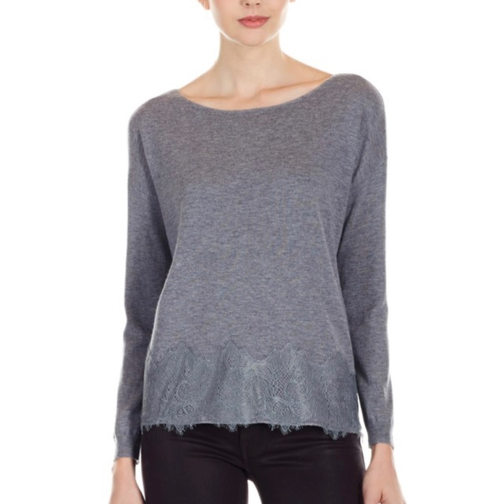 Joie Wool & Cashmere Sweater in Grey with Lace Trim, Size Small